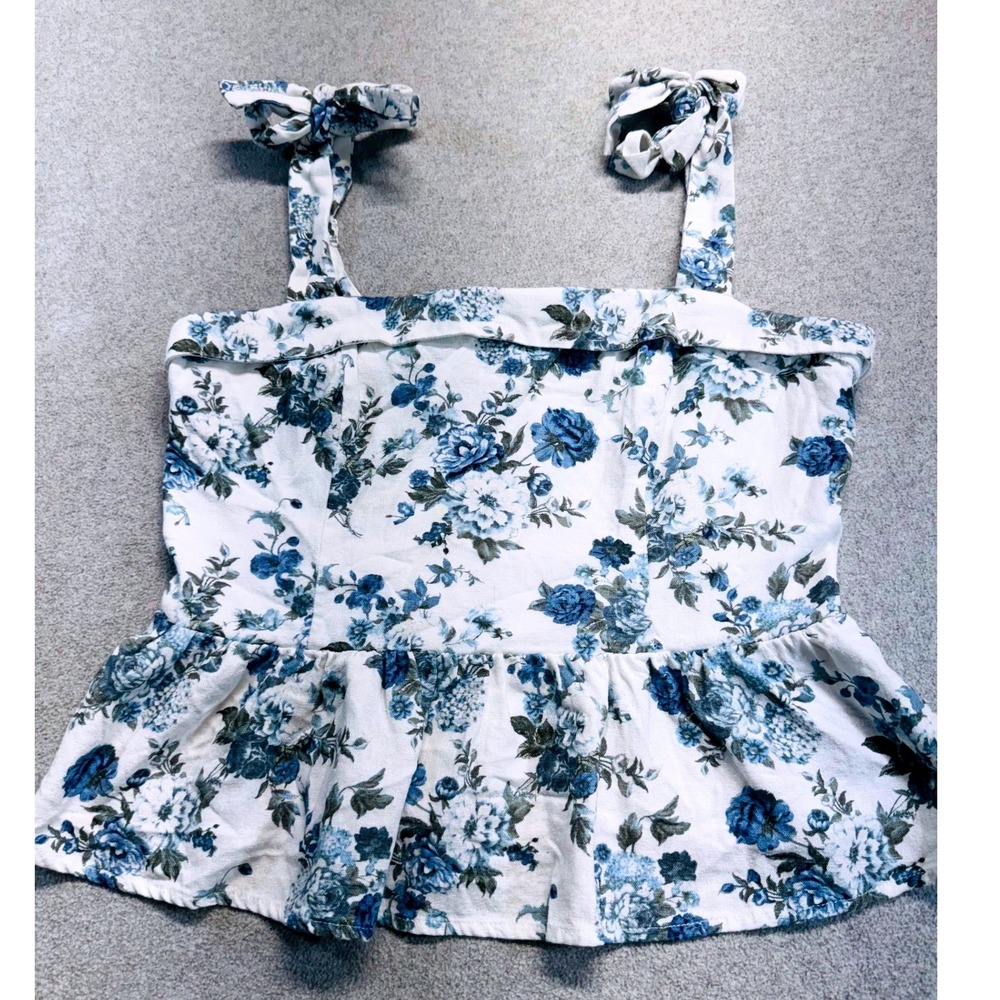 Trixxi Floral Peplum Top Womens Large White Blue Tie‎ Shoulder Cottagecore